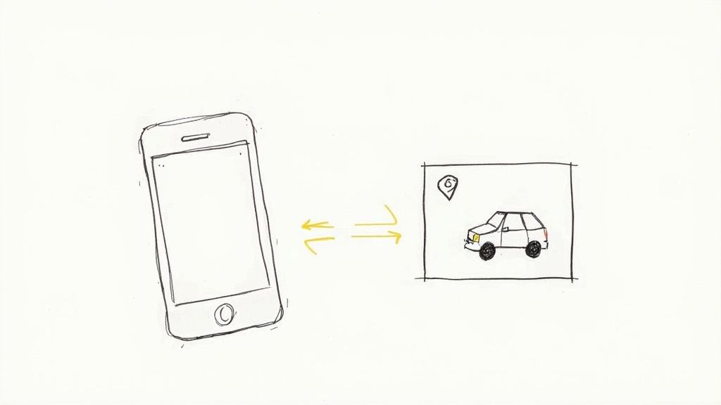 Hand-drawn illustration of a smartphone exchanging data with a car and a location pin icon.