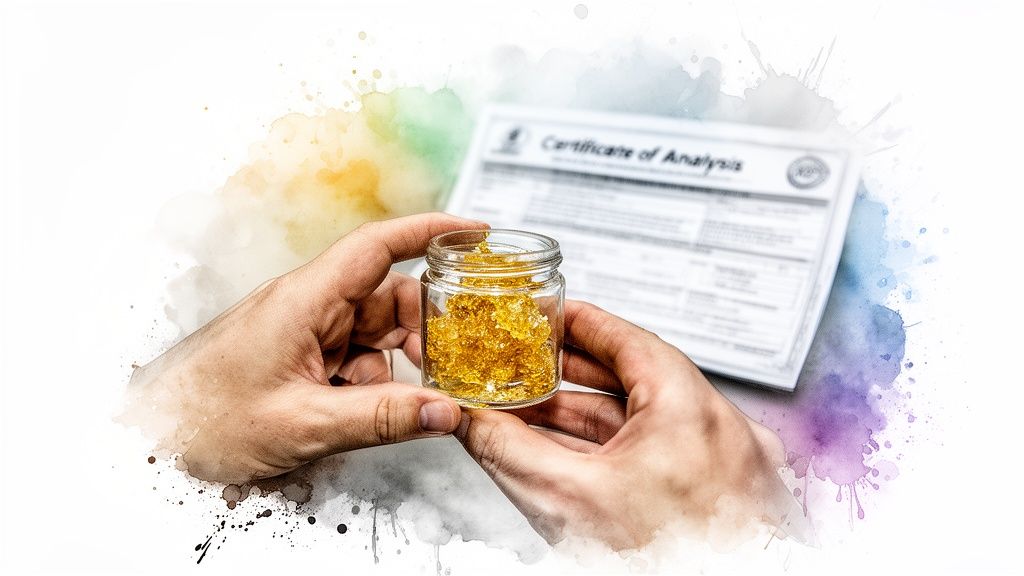 Hands holding a jar of golden cannabis concentrate with a Certificate of Analysis in the background.