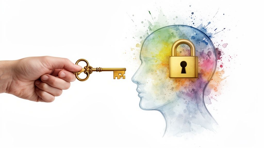 A hand holds a golden key, poised to unlock a padlock on a colorful, watercolor human head.