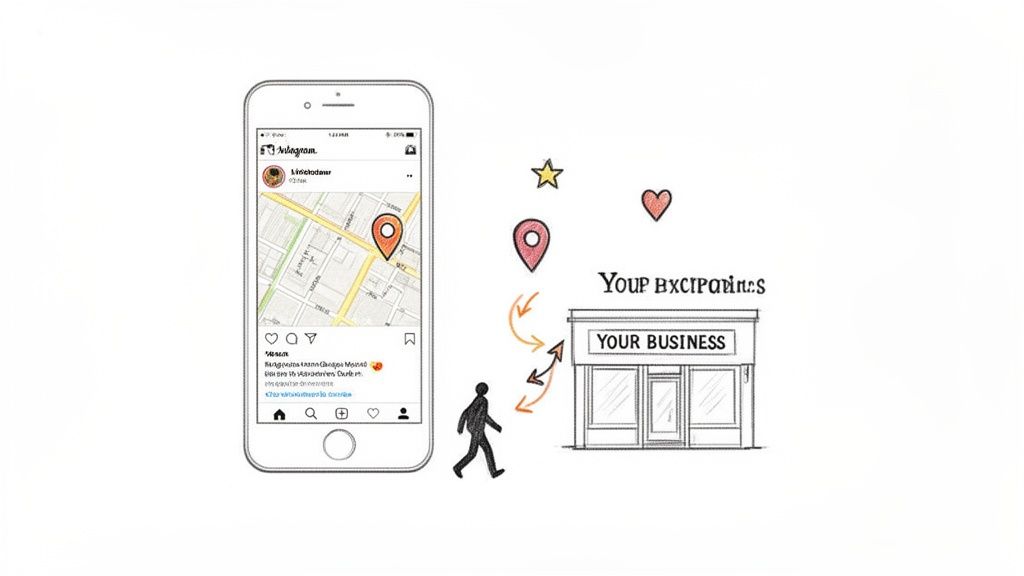 Illustration showing an Instagram map post directing a person to a physical business location.