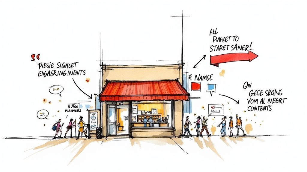 A hand-drawn sketch visualizing concepts related to local marketing around a small shop with customers.