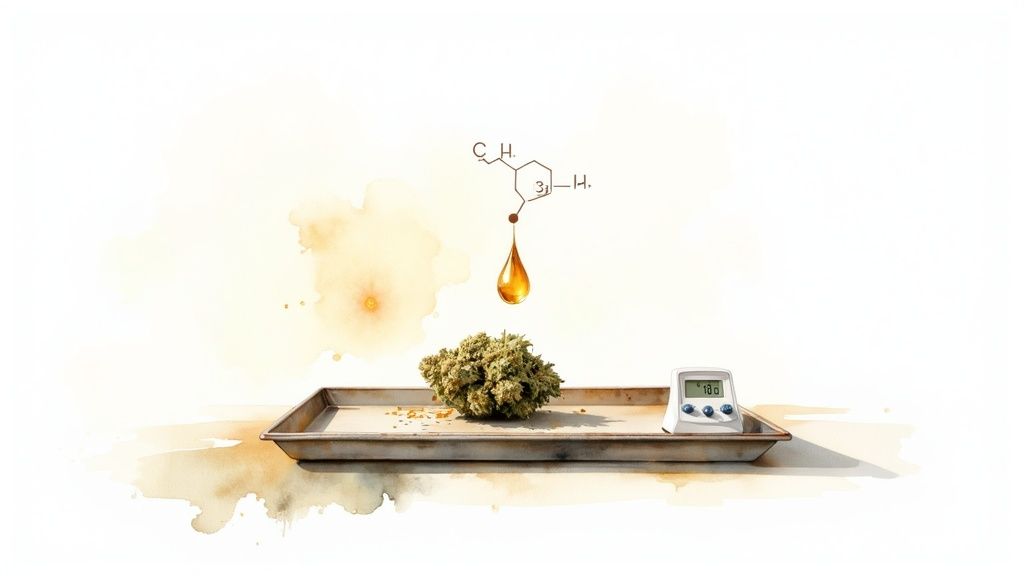 A watercolor illustration showing cannabis bud, a chemical structure, oil drop, and timer on a baking tray.