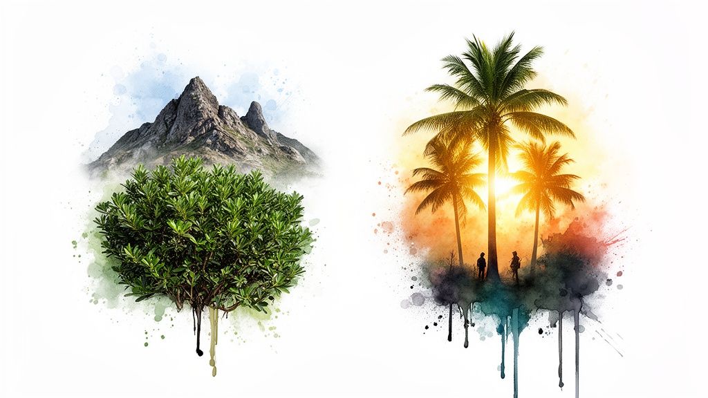 Artistic watercolor illustration contrasting a mountain forest scene with a tropical palm tree sunset.