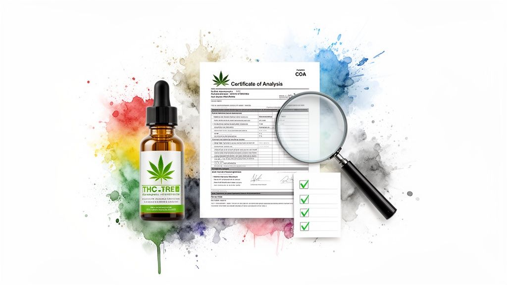 A dropper bottle for THC-TREE oil, a Certificate of Analysis, magnifying glass, and checklist on a colorful background.