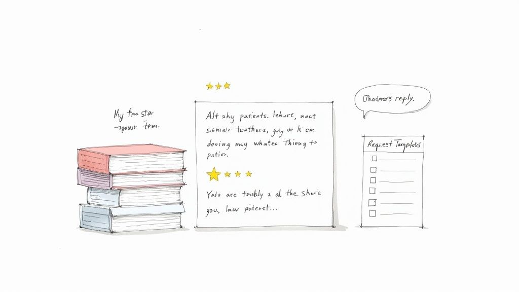 Hand-drawn sketch featuring a stack of books, a handwritten note with star ratings, and a request templates list.