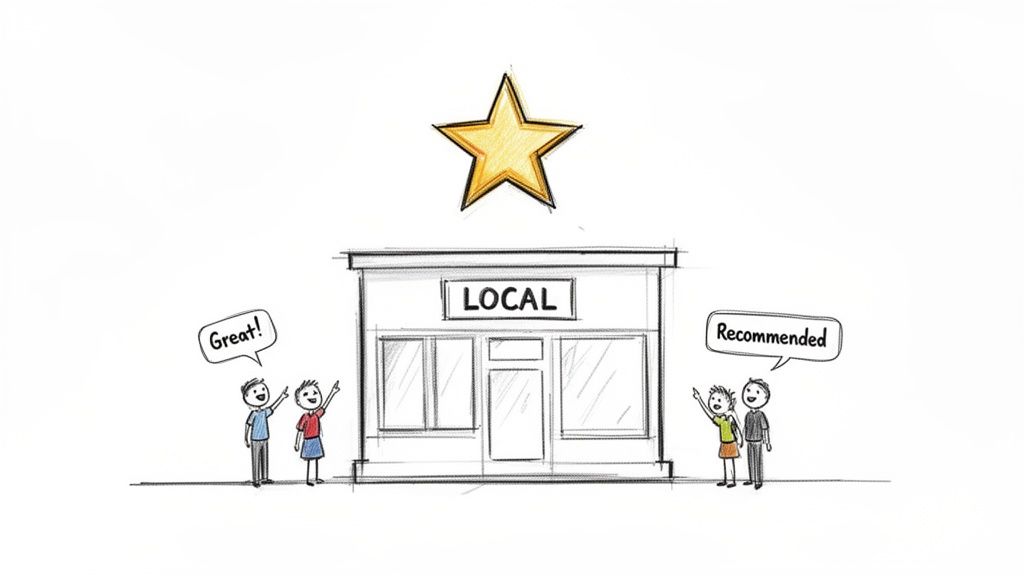 Happy customers pointing to a star above a local store, indicating positive reviews and recommendations.