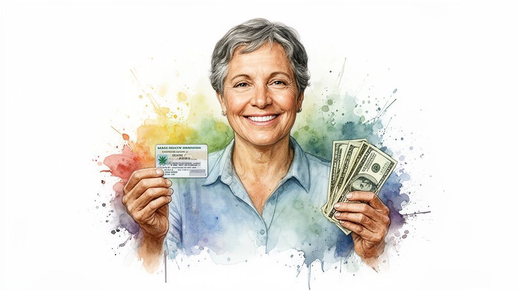 A smiling woman holds a medical marijuana card in one hand and cash in the other.