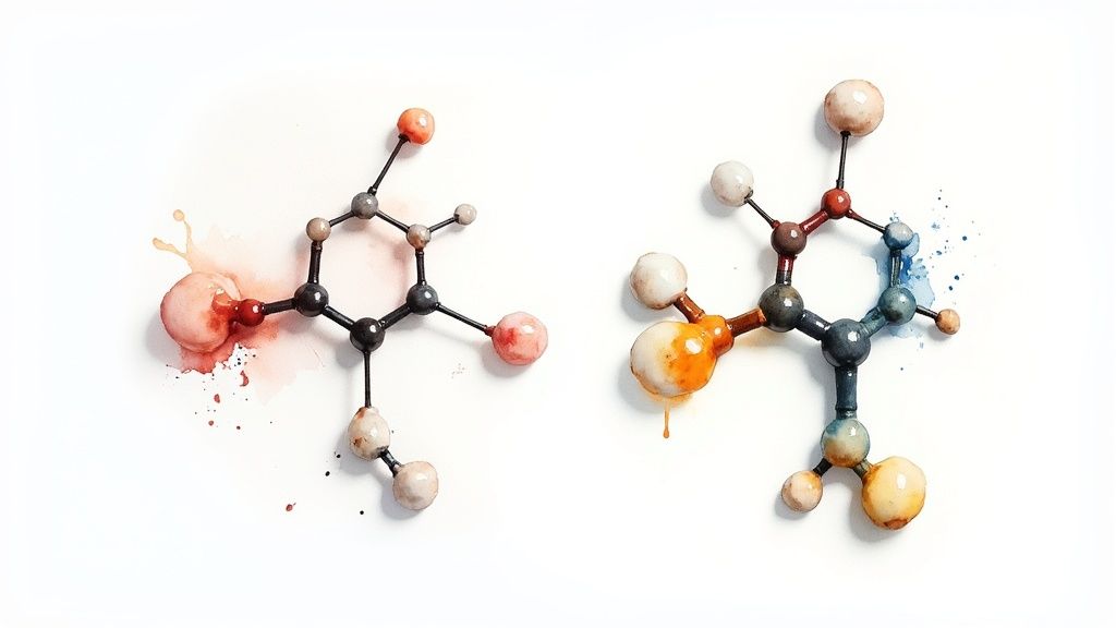 Two artistic watercolor illustrations of complex molecular structures with colorful splashes on a white background.