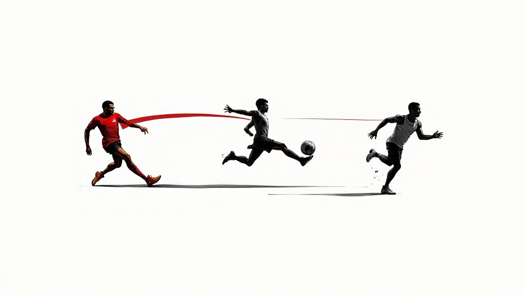 Three athletic soccer players running in dynamic motion demonstrating brand ambassador sports partnership