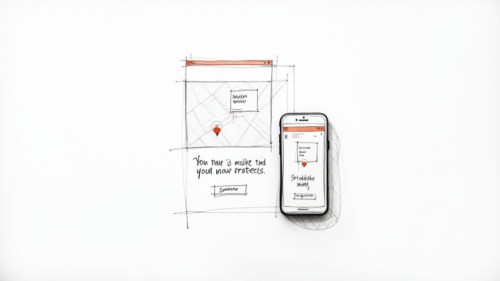 A hand-drawn sketch and a refined smartphone display illustrating a map application with a location pin.