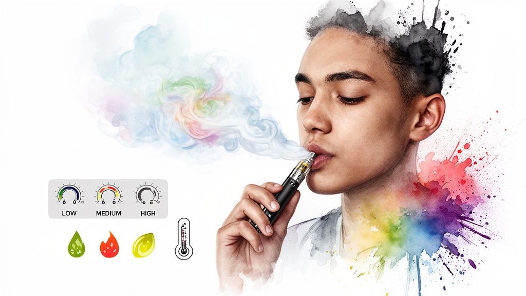 A person exhales vibrant, colorful vape smoke from an e-cigarette, with settings and flavor options.