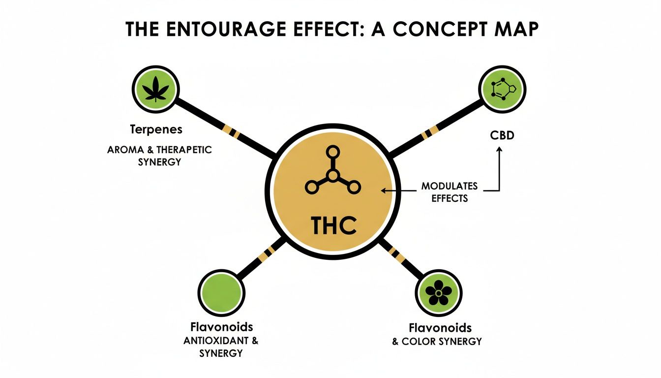 Concept map illustrating The Entourage Effect, showing THC at the center interacting with terpenes, CBD, and flavonoids.