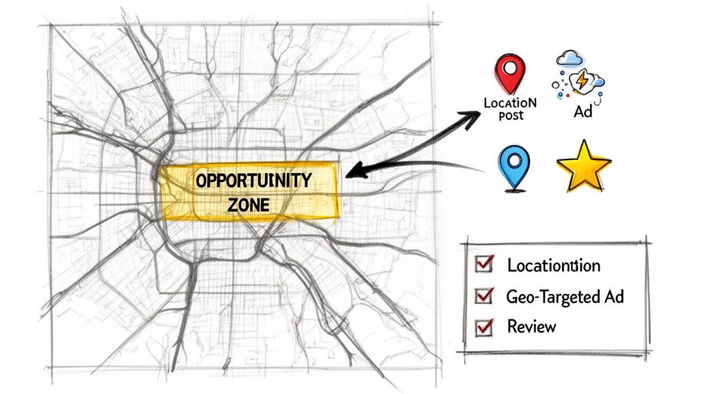 A sketched map highlights an 'Opportunity Zone', connecting to location posts, ads, and geo-targeted strategies.