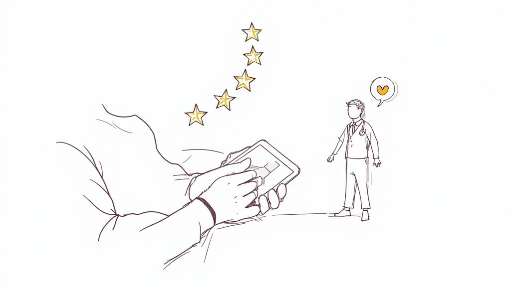 Sketch of hands rating a doctor on a tablet with five stars and a happy doctor.
