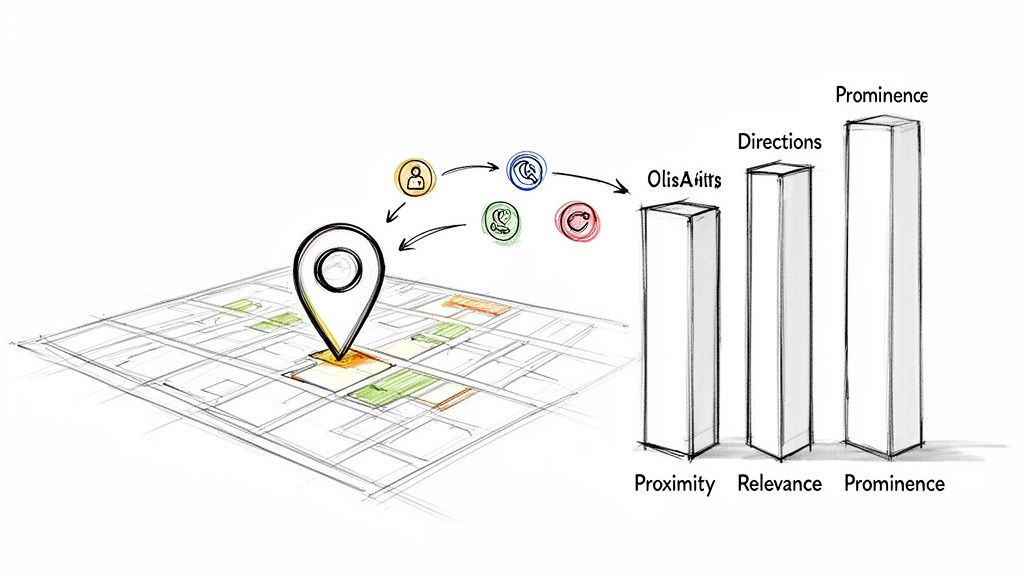 A sketched map with a location pin, user icons, and bar charts showing Proximity, Relevance, and Prominence.