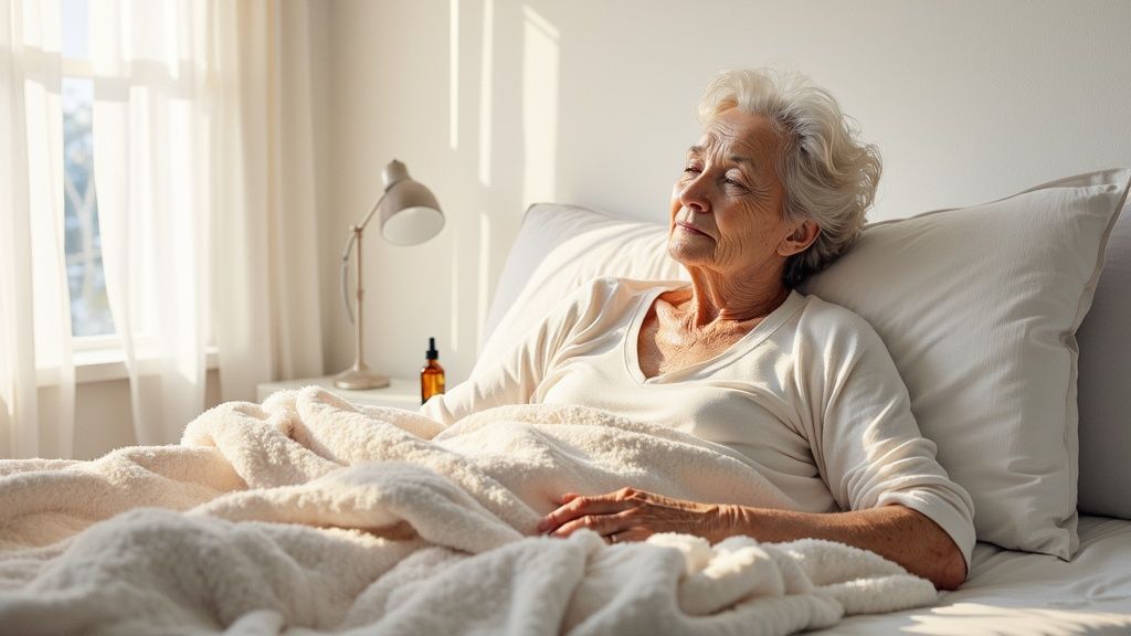 An elderly woman peacefully resting in bed under a warm blanket, with sunlight on her face.