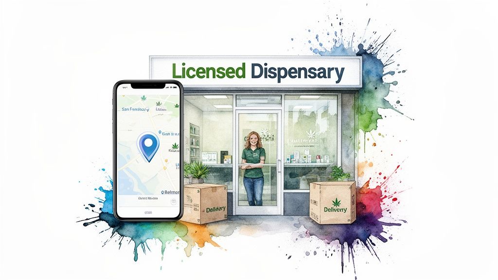 A smartphone map pointing to a licensed cannabis dispensary with a woman and delivery boxes, enhanced with watercolor splashes.