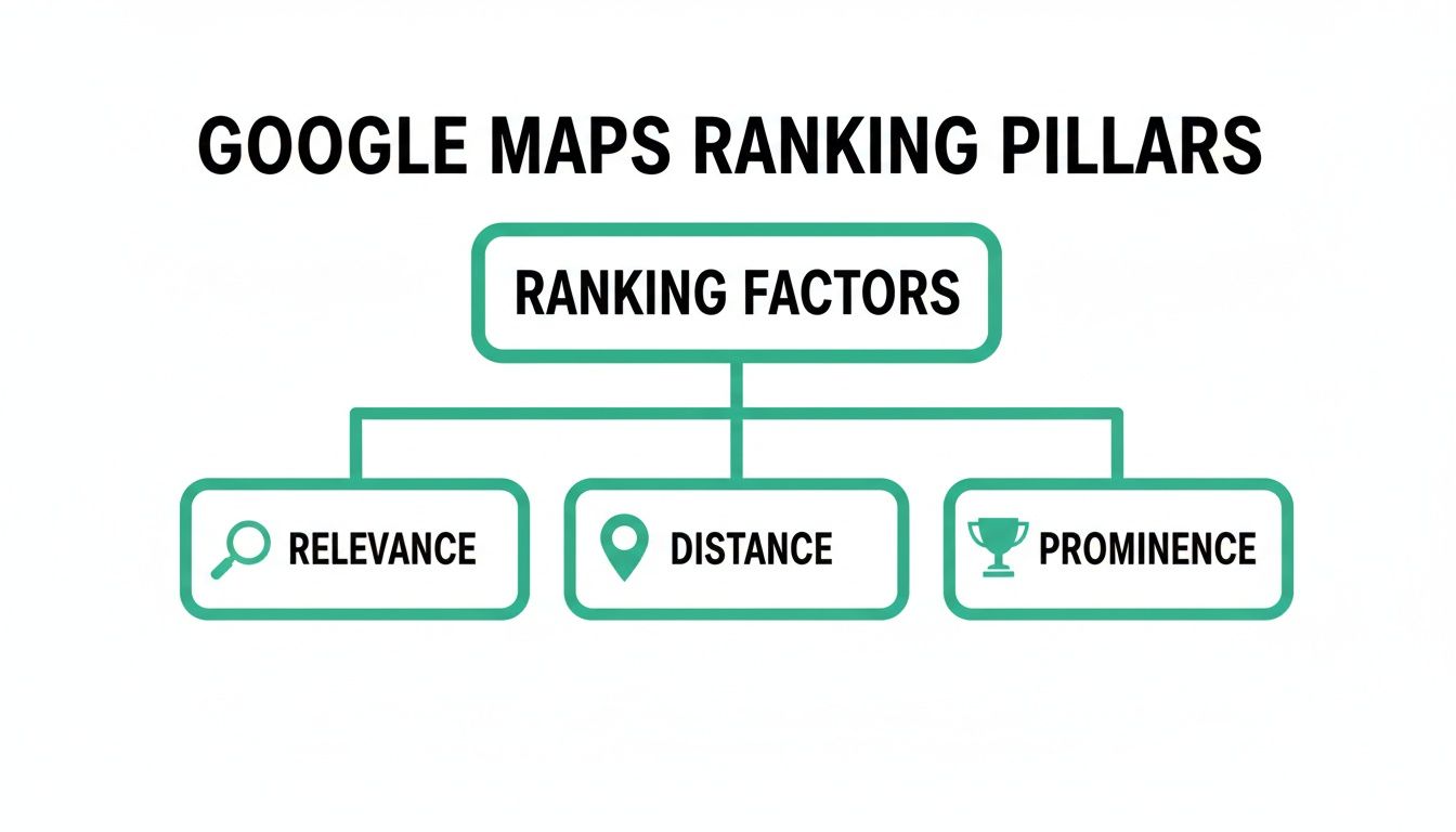 Diagram illustrating Google Maps ranking factors: Relevance, Distance, and Prominence, crucial for local SEO.