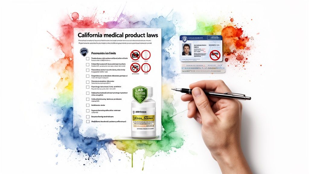 Document on California medical product laws, a lab-tested bottle, ID card, and hand holding a pen.