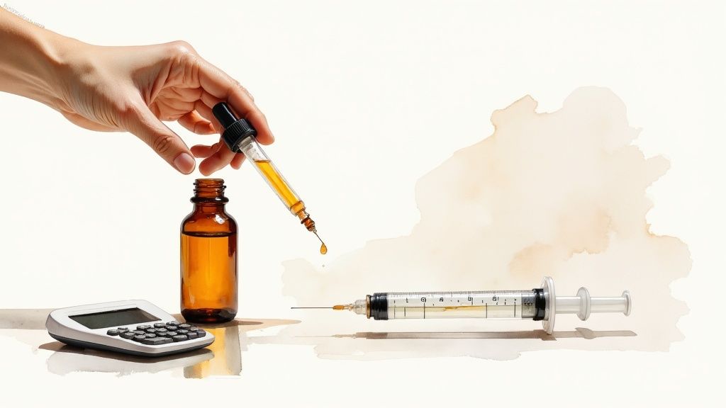 Hand dripping golden oil from a dropper into a bottle, with a calculator and syringe.