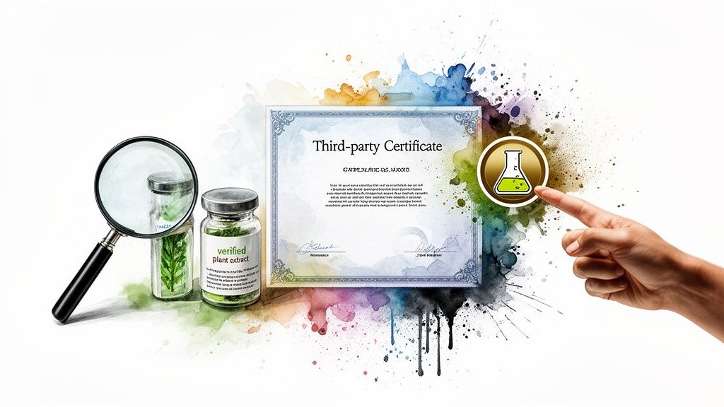 A third-party certificate, magnifying glass, and verified plant extract jars illustrate product quality assurance.
