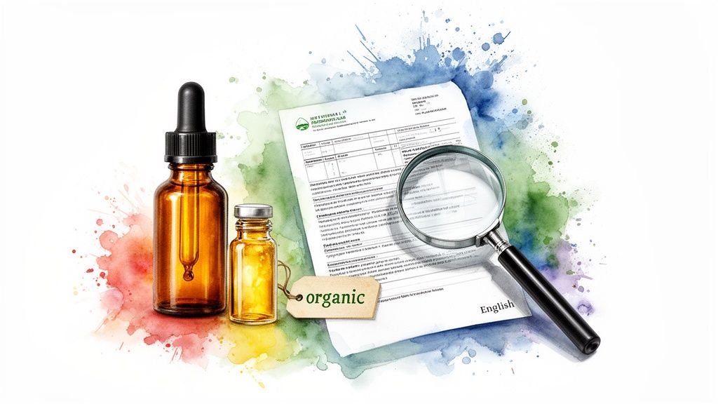 Brown glass bottles, an 'organic' tag, a certificate, and a magnifying glass on a watercolor background.