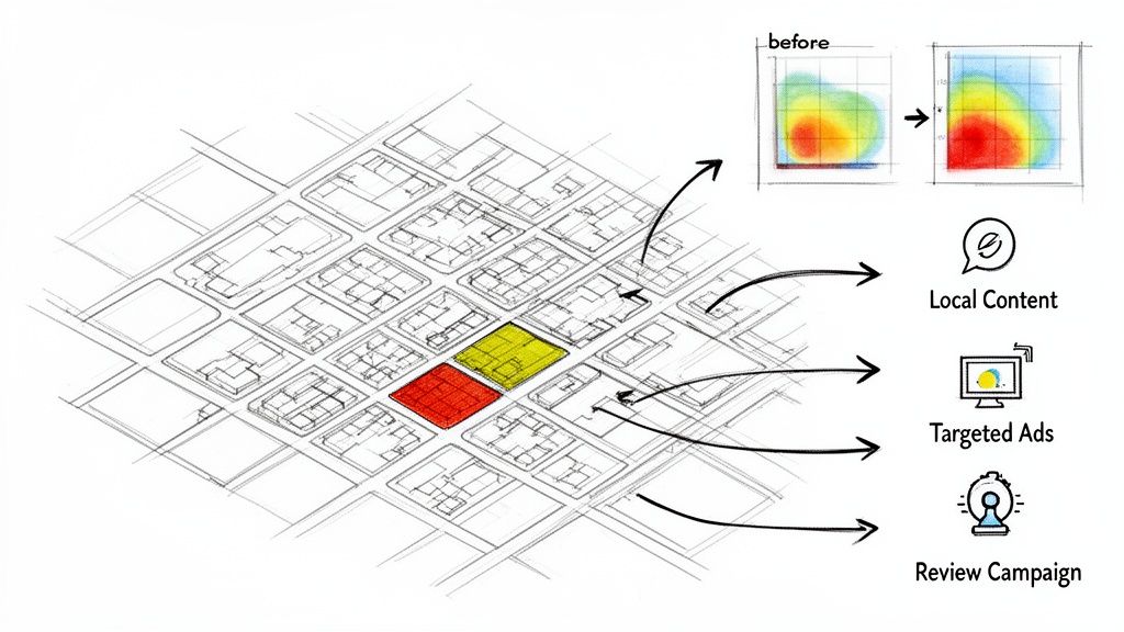 Diagram illustrating local SEO strategies on a map, showing local content, targeted ads, review campaigns, and 'before/after' heatmaps.