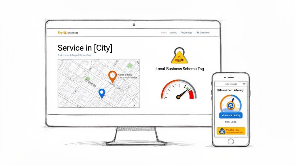 Digital marketing concept showing local business schema, map, and page speed on desktop and mobile devices.