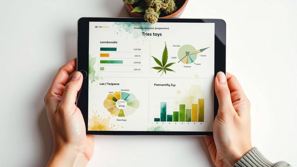 Person holding a tablet displaying a cannabis data dashboard with charts and a marijuana leaf.