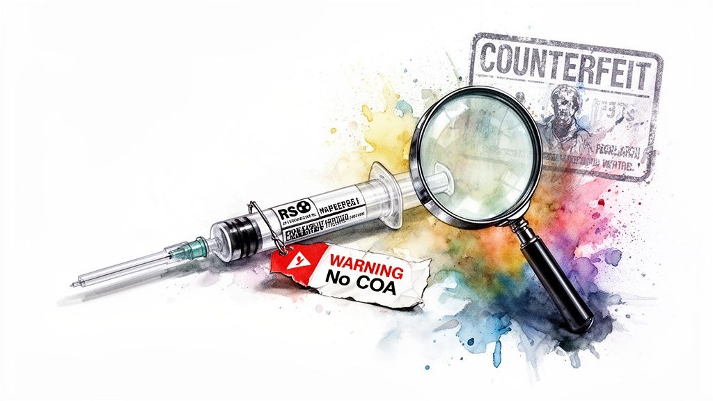 An illustration showing a counterfeit syringe with a 'WARNING No COA' tag, inspected by a magnifying glass, against a 'COUNTERFEIT' stamp.