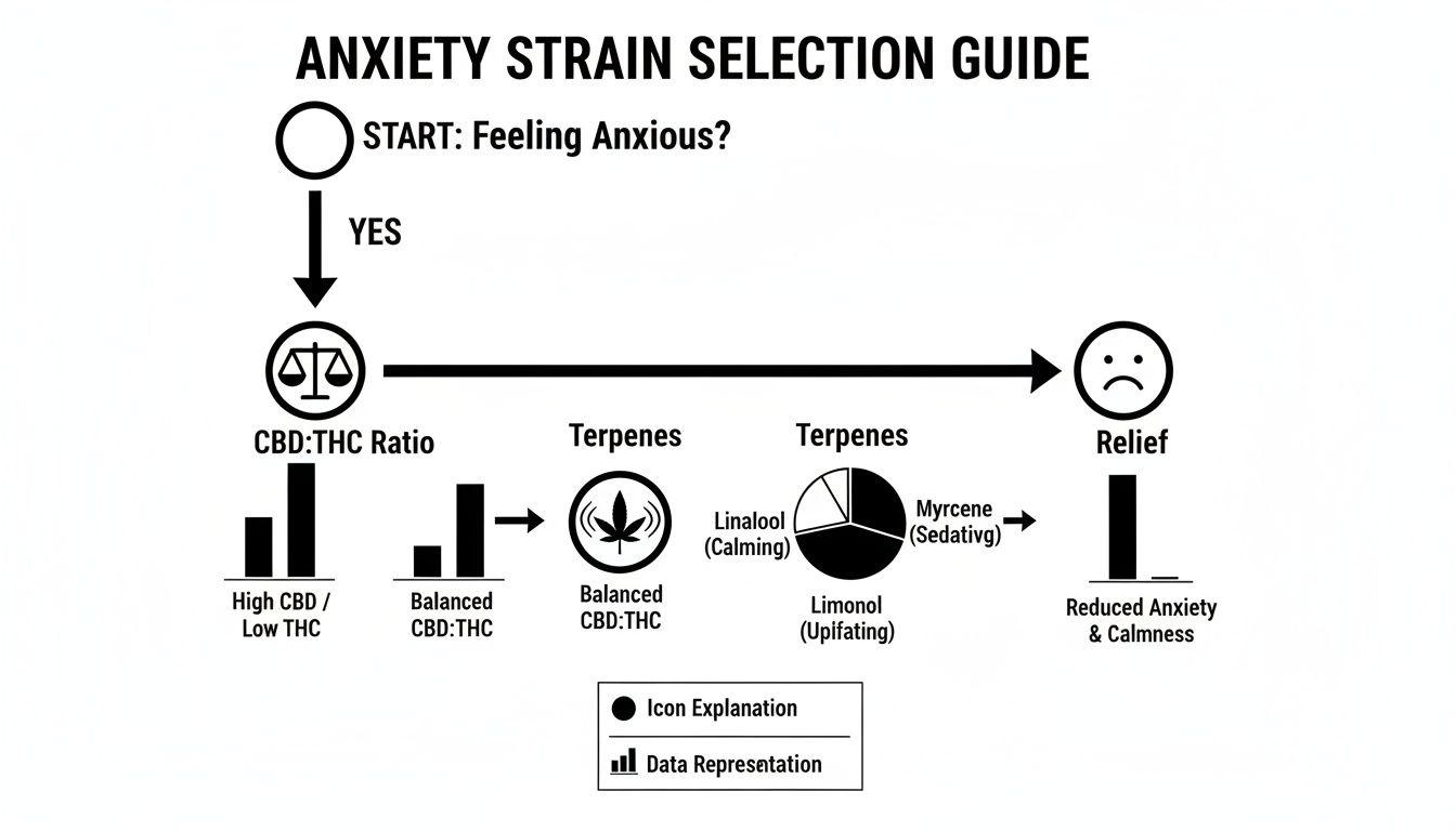 Flowchart guiding anxiety strain selection based on CBD:THC ratio and terpene profiles for relief.