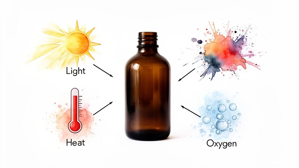 A brown bottle surrounded by icons for light, heat, and oxygen, indicating product degradation factors.