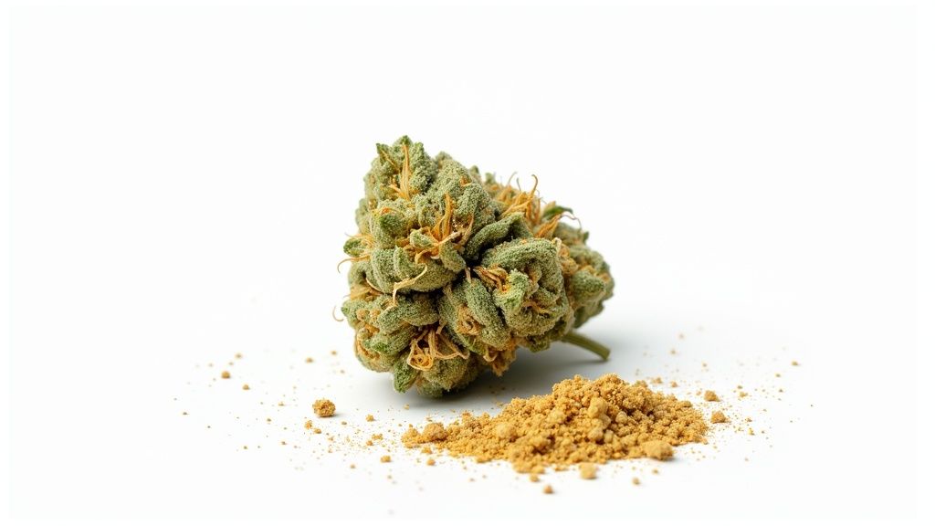 A vibrant green cannabis bud sits beside a pile of golden kief on a white background.