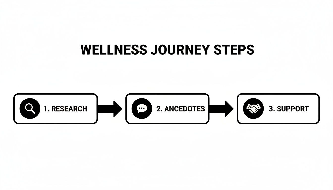 Flowchart illustrating the three steps of a wellness journey: research, anecdotes, and support.