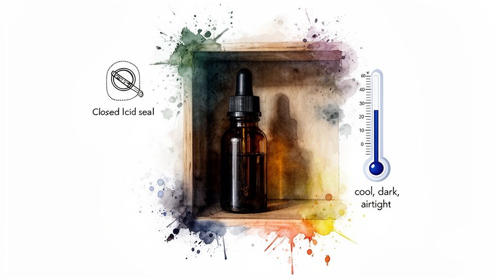 Amber dropper bottle in a wooden box, with icons indicating closed seal and cool, dark, airtight storage.