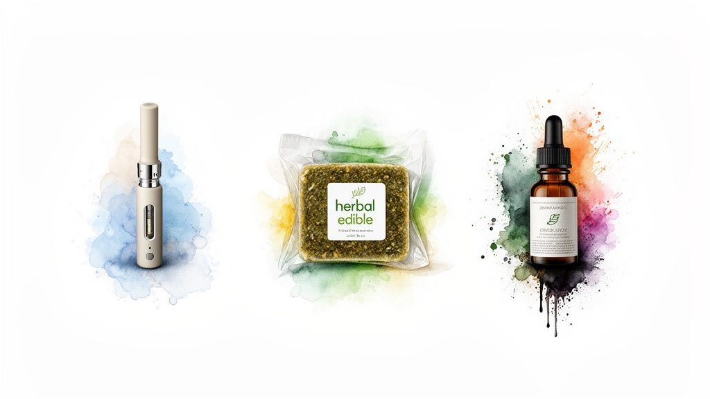 Three diverse herbal products: a vape pen, a packaged edible, and a dropper bottle.