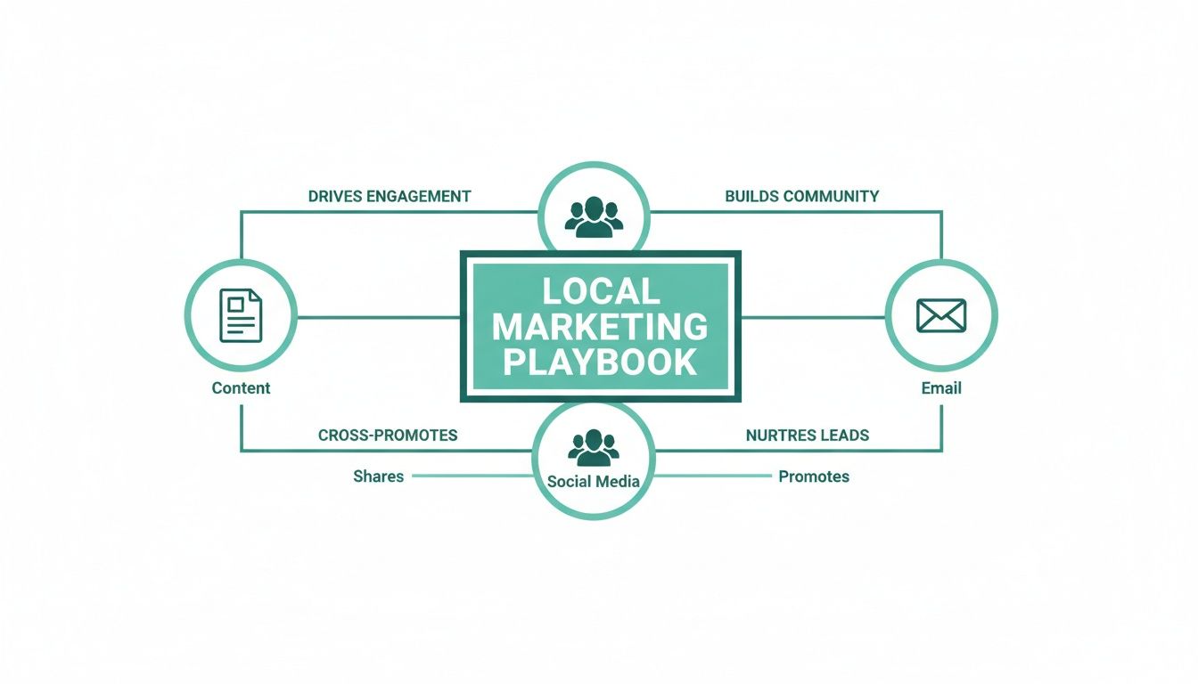 Diagram illustrating a local marketing playbook connecting content, email, and social media strategies to drive engagement and nurture leads.