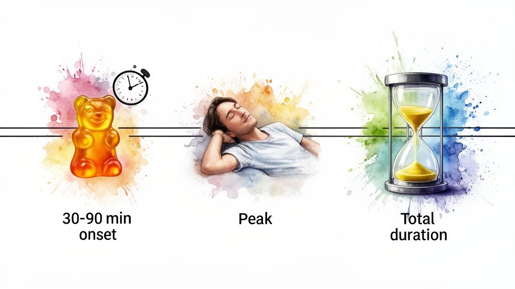 Infographic illustrating the onset, peak, and total duration of gummy effects with icons and text.