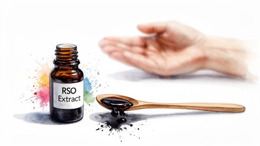 A bottle of RSO Extract, a wooden spoon with dark liquid dripping, and a blurred hand.