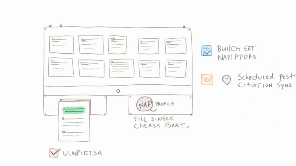 Wireframe sketch showing NAP profile management interface with bulk edit tools and scheduled post citation sync features