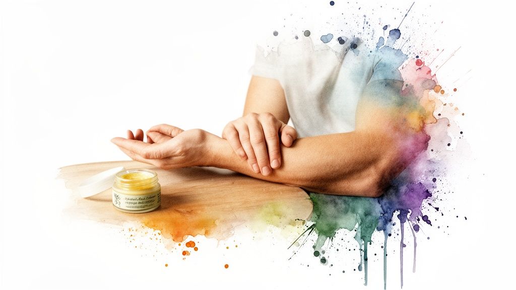 A person's hand applies a yellow cream to their arm on a wooden surface with colorful watercolor art.