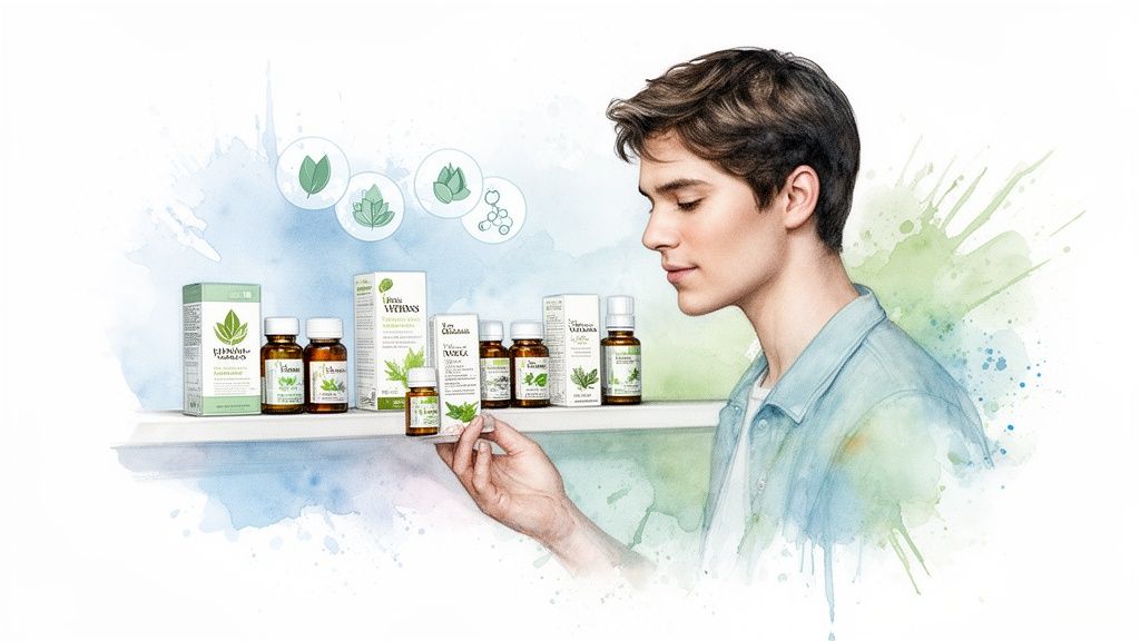 A young man examining a small herbal product bottle from a shelf of natural wellness items.