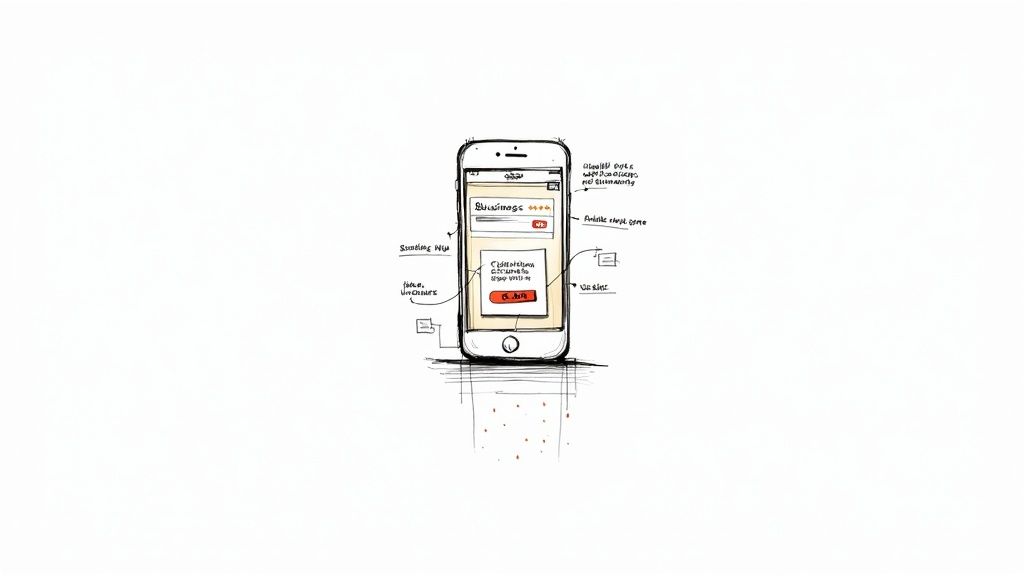 Hand-drawn smartphone wireframe showcasing a business app interface with annotations and UI elements.