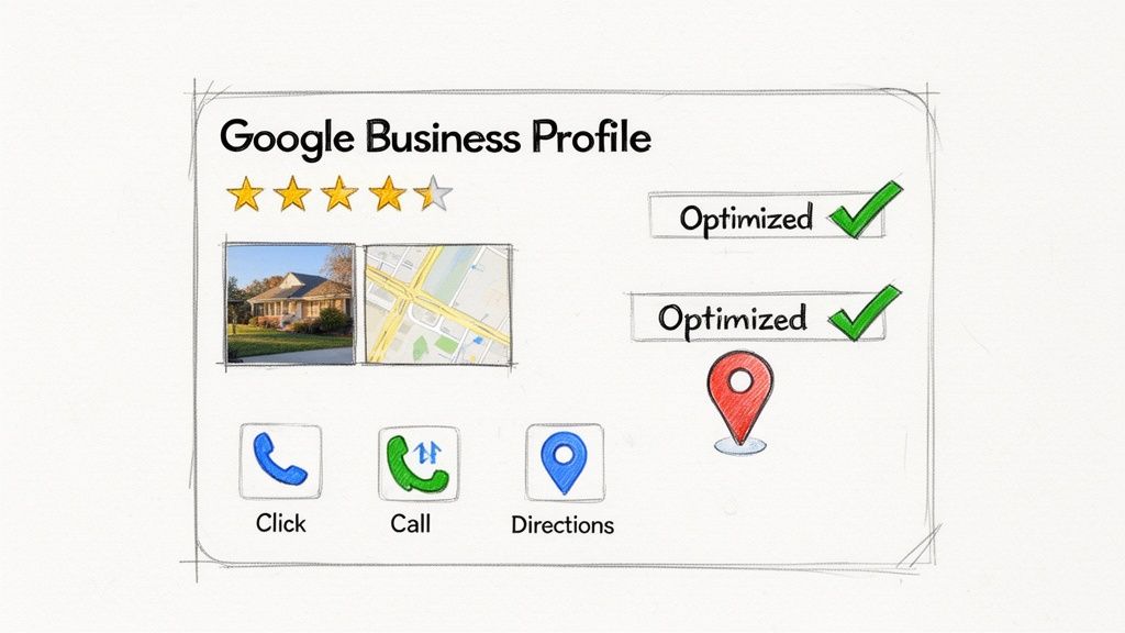 Sketch of a Google Business Profile displaying ratings, business images, optimized features, and call/direction buttons.