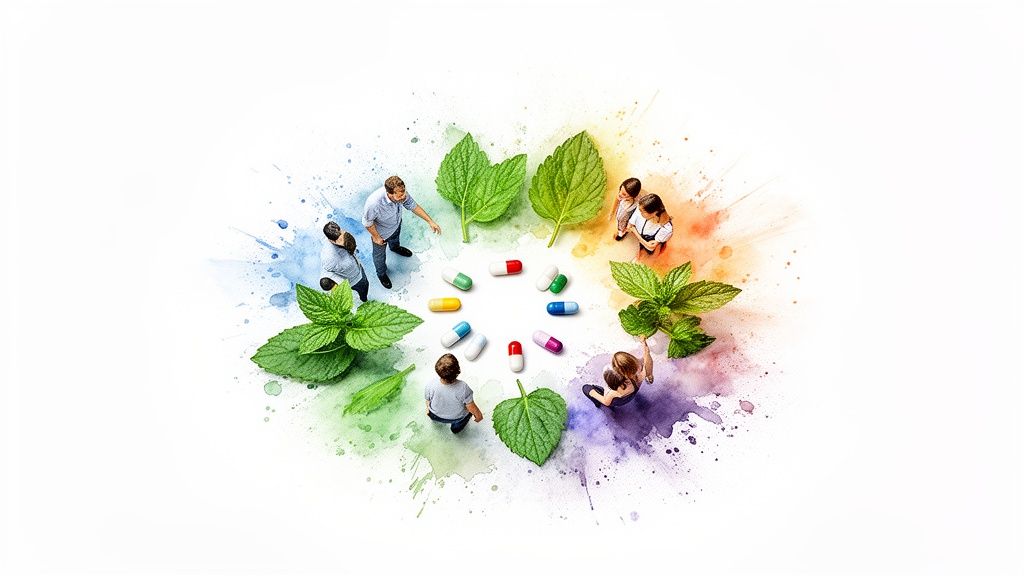 An aerial view of people, green leaves, and colorful pills arranged in a circle, on a watercolor background.