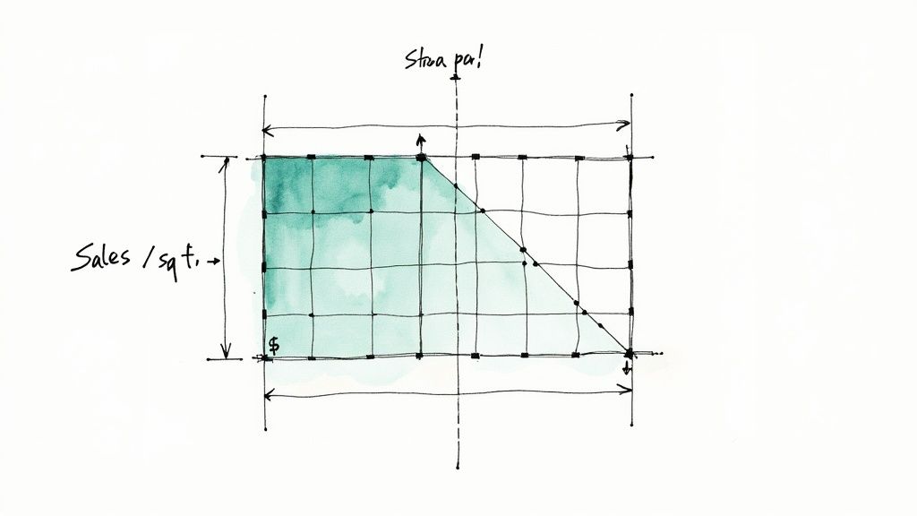 Hand-drawn diagram visualizing retail sales per square foot on a grid with a shaded performance area.