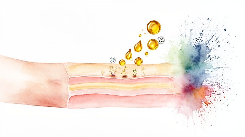 Watercolor illustration of skin layers absorbing golden oil drops, leading to plant growth and a vibrant colorful splash.