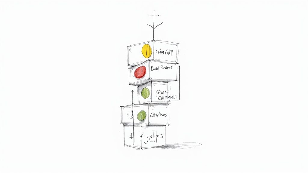 Hand-drawn illustration of stacked boxes, like a traffic light, showing local SEO steps: GBP, reviews, and citations.
