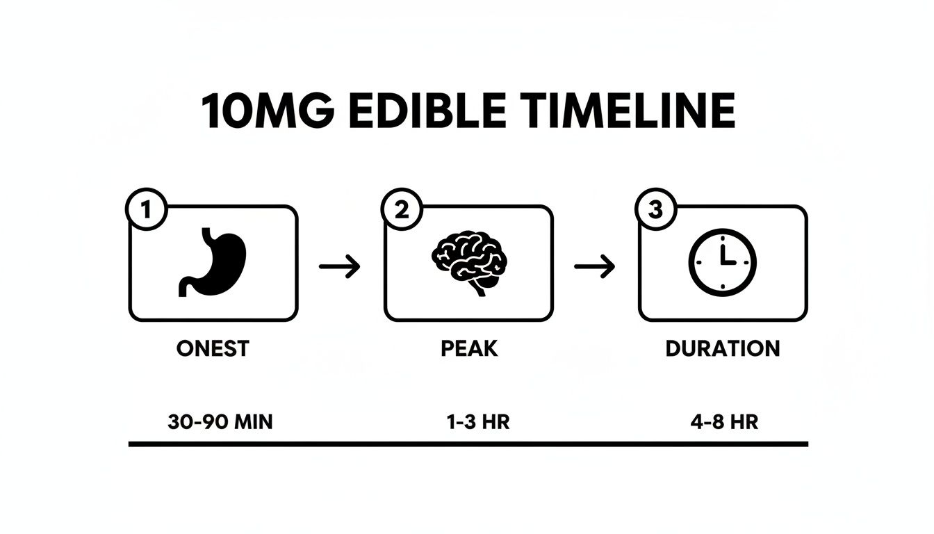 Timeline of a 10mg edible showing onset (30-90 min), peak (1-3 hr), and duration (4-8 hr).