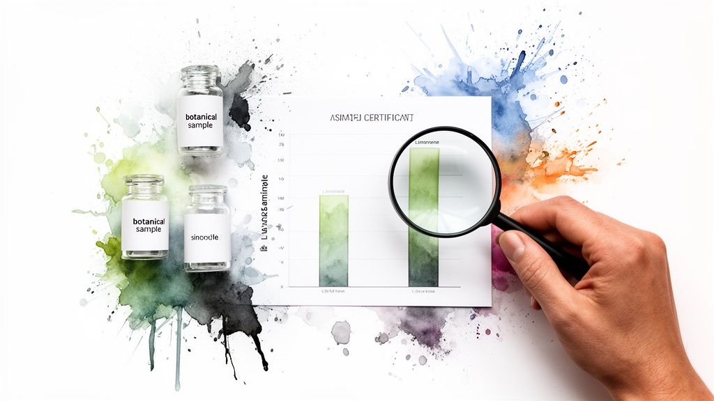 Hand examining a chart showing limonene levels with a magnifying glass, next to botanical samples.